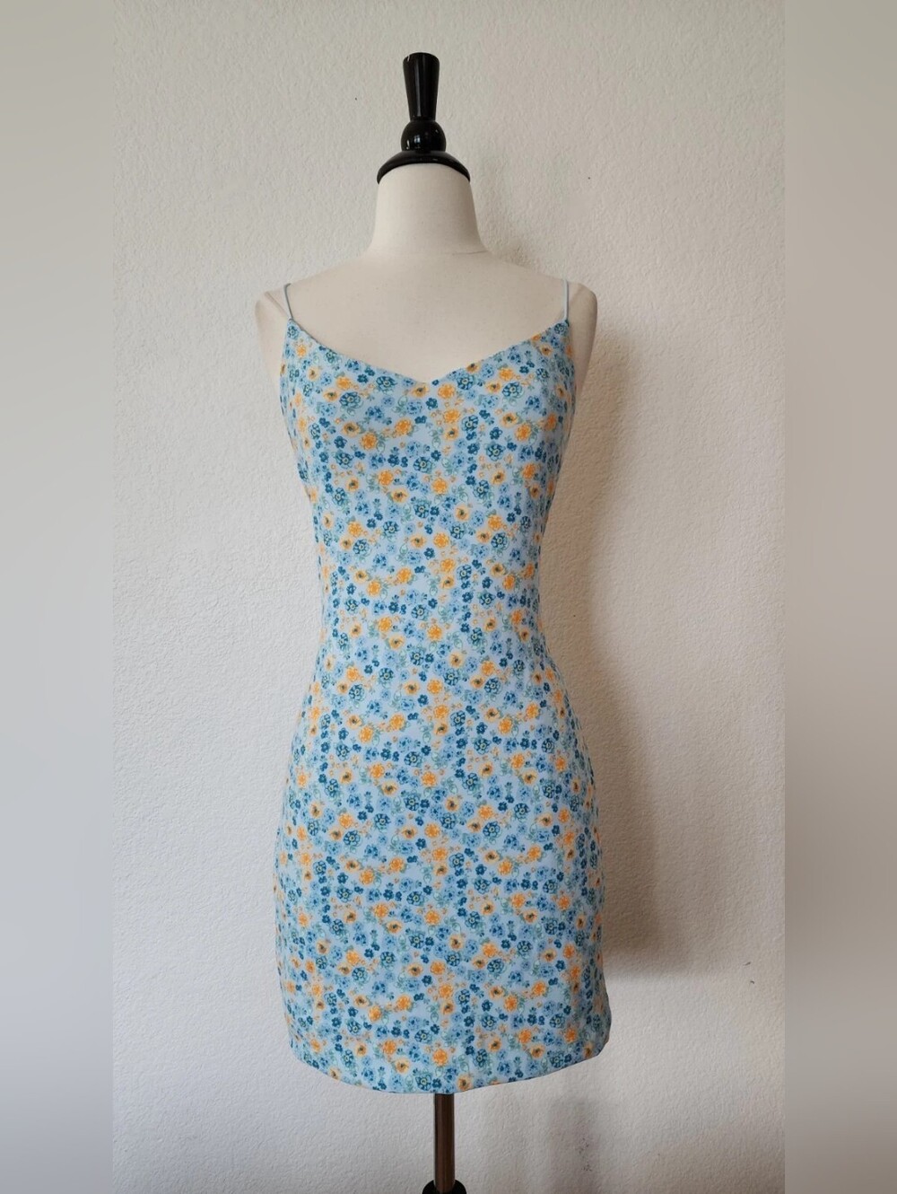 Blue Floral Slip Dress with Yellow Accents